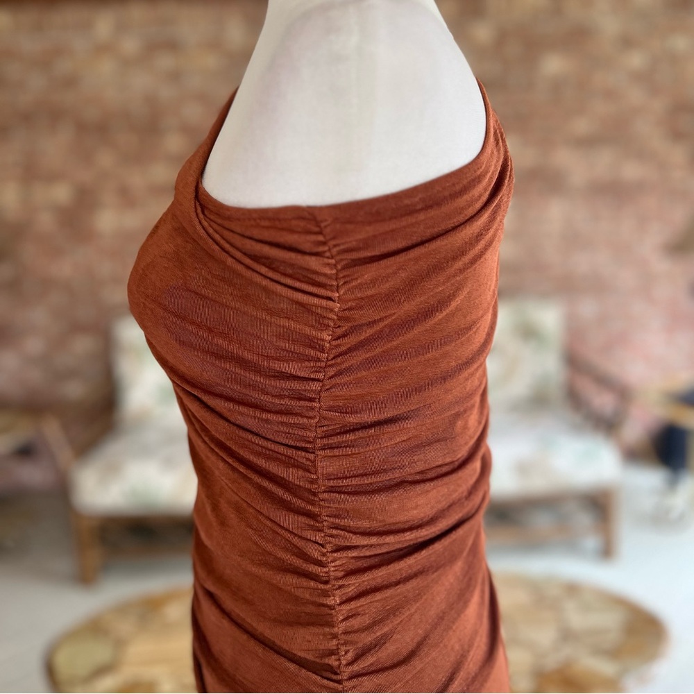 Mable Bodycon Dress Ruched One Shoulder S Asymmetrical Rust Glam Cocktail Party - Picture 9 of 15